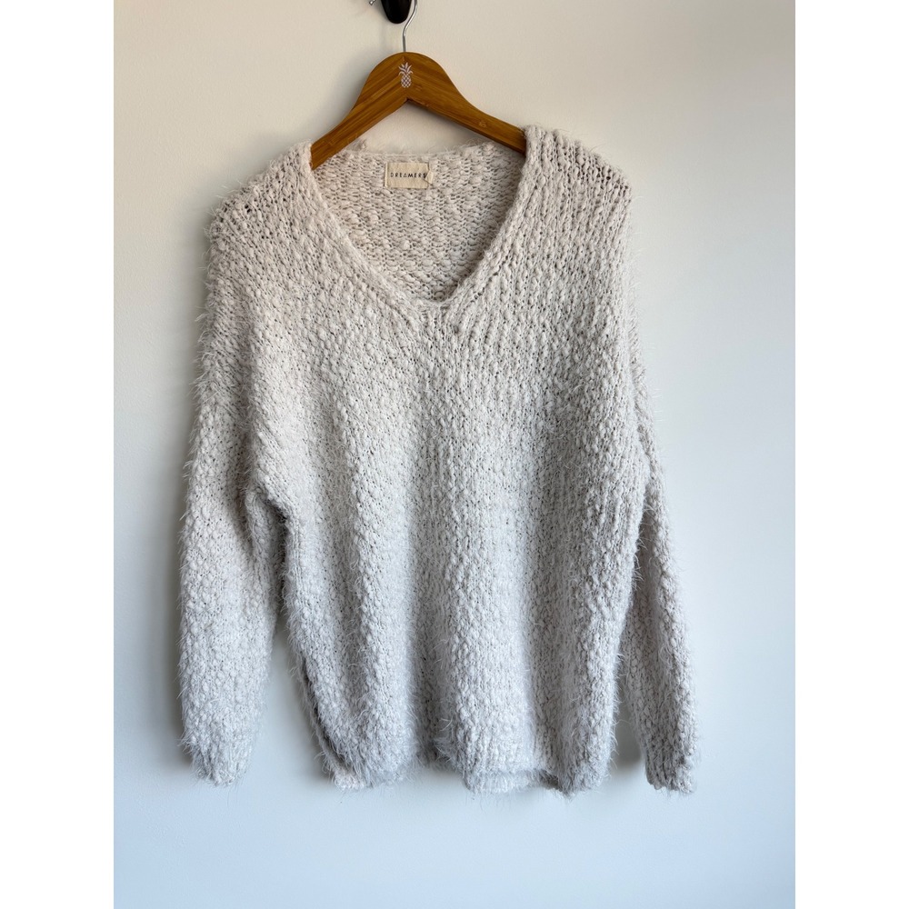 Dreamers Women Textured Eyelash Knit V-Neck Sweater OS Cream Oversized Boho